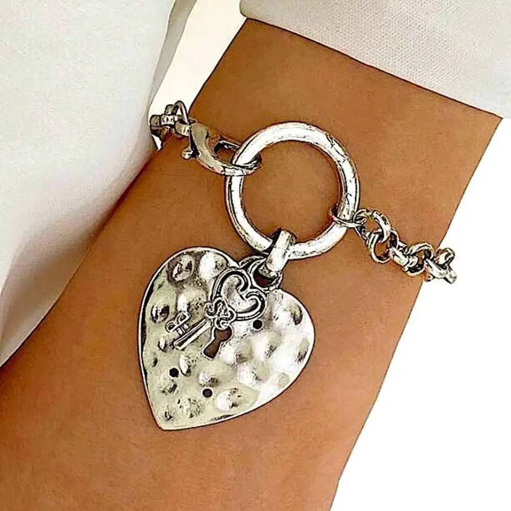 Stainless Steel Heart Bracelet Chain Link Statement Cuban